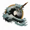 enso circle paint brush  with tori gate great wave tattoo design idea