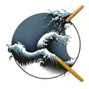 enso circle paint brush  with tori gate great wave tattoo design idea