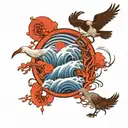 enso circle wave surround a tori gate and a crane bird tattoo design idea