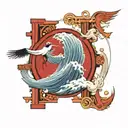 enso circle wave surround a tori gate and a crane bird tattoo design idea