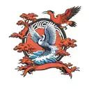 enso circle wave surround a tori gate and a crane bird tattoo design idea