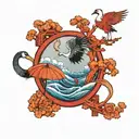 enso circle wave surround a tori gate and a crane bird tattoo design idea