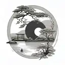 enso circle contains torii that reflects on a lake  scene tattoo design idea