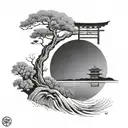 enso circle contains torii that reflects on a lake  scene tattoo design idea