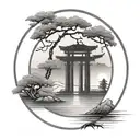 enso circle contains torii that reflects on a lake  scene tattoo design idea