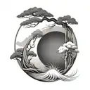 enso circle contains torii that reflects on a lake  scene tattoo design idea