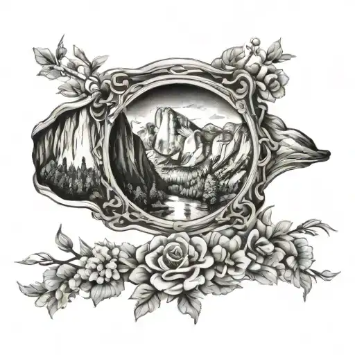 Yosemite tunnel view with floral boarder arm band  tattoo design idea