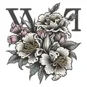 the birthday VII • XXII • MCMXCIX in roman numerals going vertically, with a larkspur flower and a carnation flower tattoo design idea