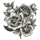 the birthday VII • XXII • MCMXCIX in roman numerals going vertically, with a larkspur flower and a carnation flower tattoo design idea