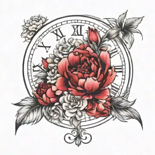 clock, date of birth and death, peonies and Roses for grandma  tattoo design idea