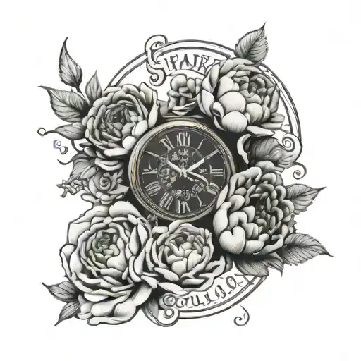clock, date of birth and death, peonies and Roses for grandma  tattoo design idea