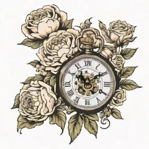 old  clock, date of birth and death, peonies and Roses for grandma  tattoo design idea