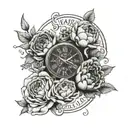 clock, date of birth and death, peonies and Roses for grandma  tattoo design idea
