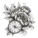 clock, date of birth and death, peonies and Roses for grandma  tattoo design idea