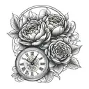 clock, date of birth and death, peonies and Roses for grandma  tattoo design idea