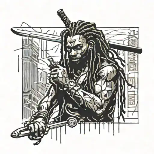 brown skin tone guy with dreads holding a sword in a cyberpunk themed city with rain going down his face tattoo design idea