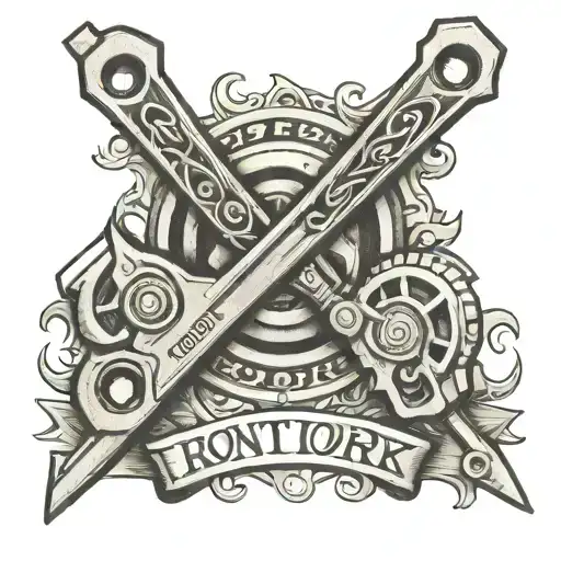 two connecting rods with text written below "IRONTORK MOTORS"  tattoo design idea