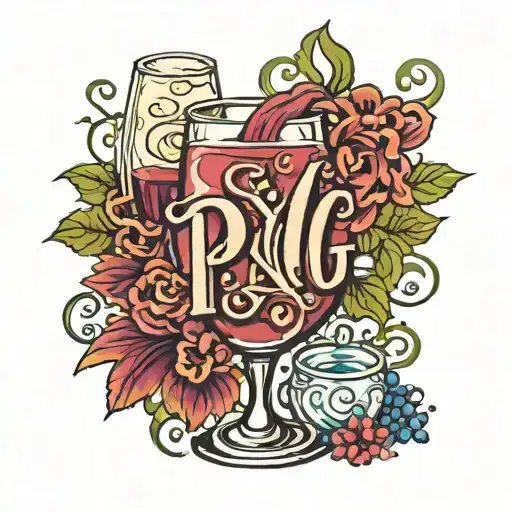 wine glass  P & G letters tattoo design idea