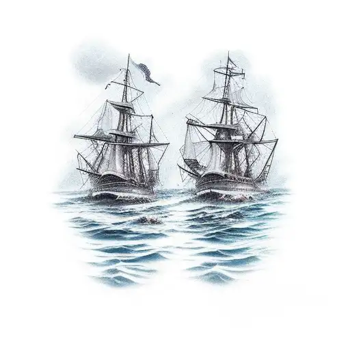 2 burning ships in the ocean tattoo design idea