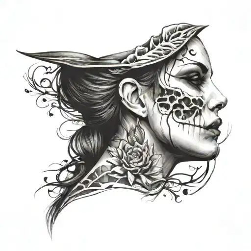 half skull half woman's face  tattoo design idea