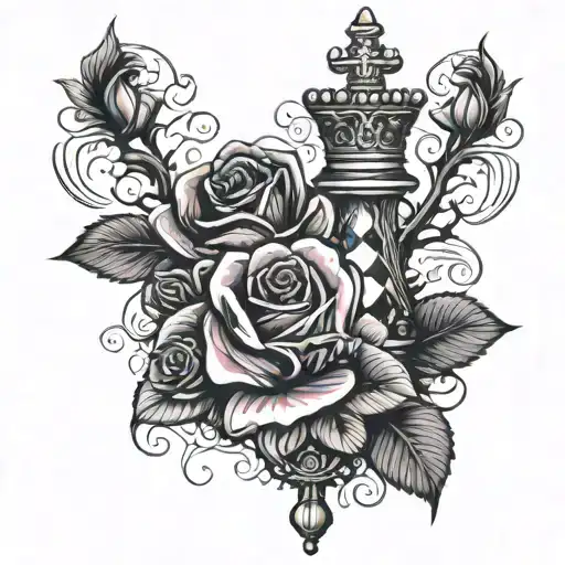 queen chess piece with rose intertwined tattoo design idea