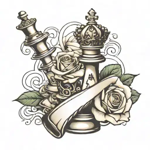 Queen chess piece with rose intertwined tattoo design idea