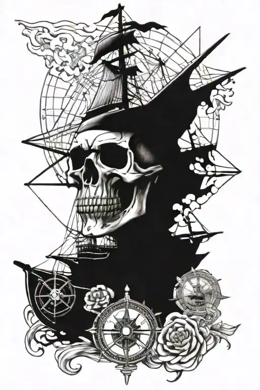 skull with pirate ship sailing over a map and compass tattoo design idea