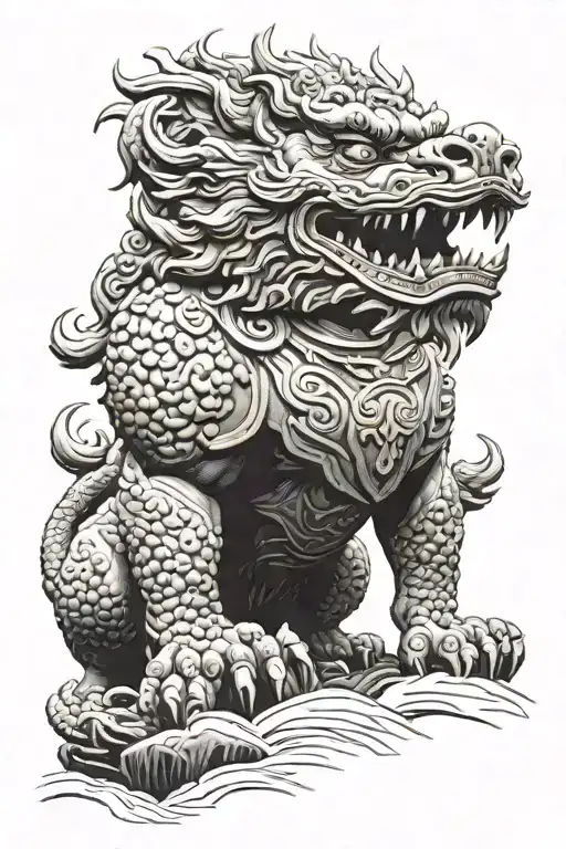 Large powerful foo dog standing guard over the Ming dynasty on a dark and rainy evening as the sun is going down tattoo design idea