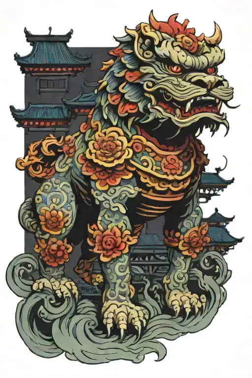 Large Asian Foo dog standing guard over a martial art school at night in the rain tattoo design idea