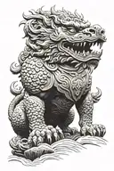 Large powerful foo dog standing guard over the Ming dynasty on a dark and rainy evening as the sun is going down tattoo design idea