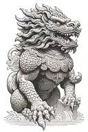 Large powerful foo dog standing guard over the Ming dynasty on a dark and rainy evening as the sun is going down tattoo design idea