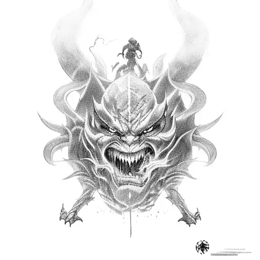 An epic battle scene between a ninja and a demon in a dark and fiery underworld tattoo design idea
