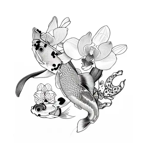 Orchid, koi fish, black cat tattoo design idea