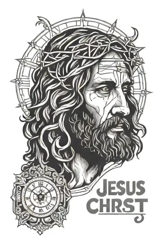 Jesus Christ face tattoo featuring a quote " When the time is right I The Lord will make it happen " tattoo design idea