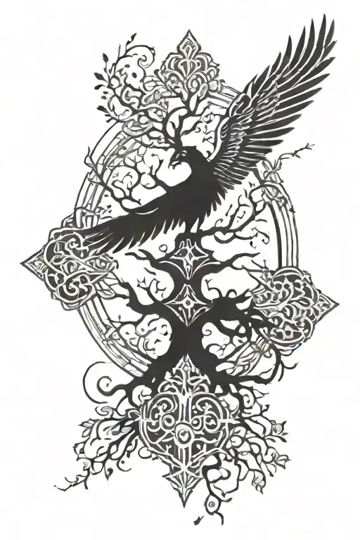 tree of life with phoenix rising from the ashes and a cross  tattoo design idea