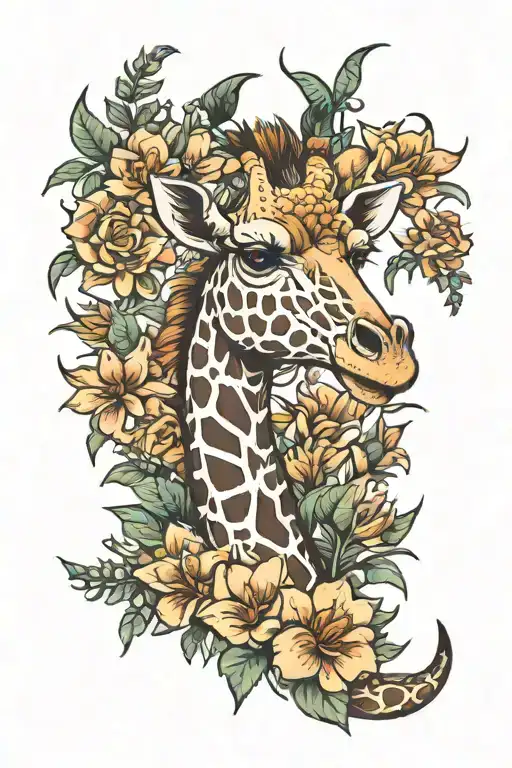 giraffe dinosaur flowers tattoo design idea
