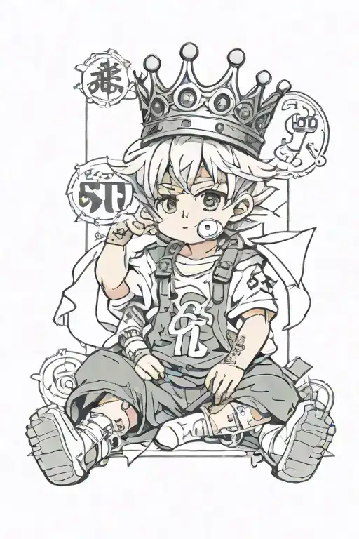baby syko with clothes on the edges and crowns above some letters tattoo design idea