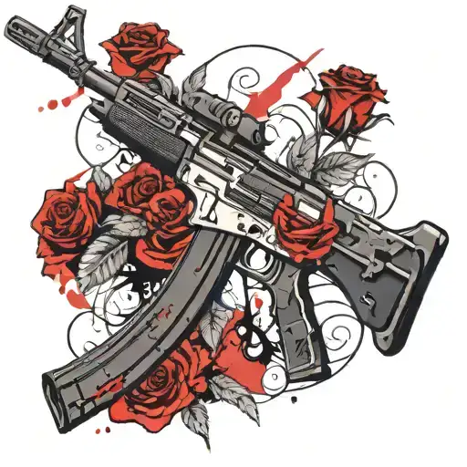an Ak 47 weapon with the name Angel and a rose with a stem tattoo design idea