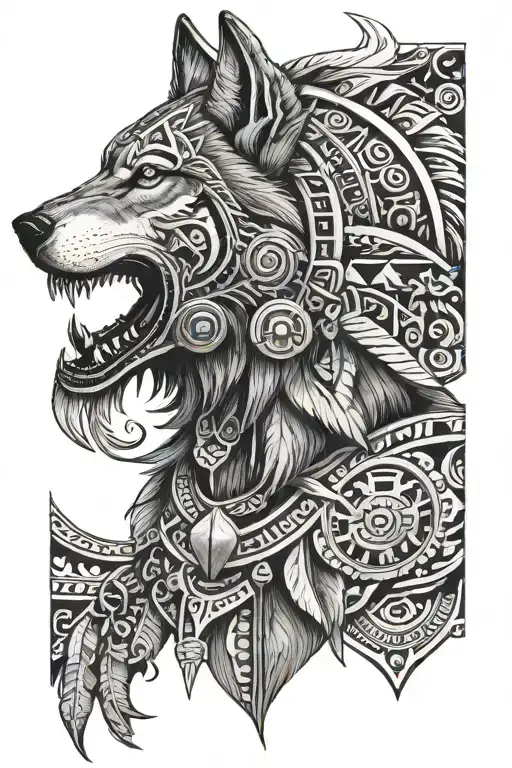 wolf with aztec warrior tattoo design idea