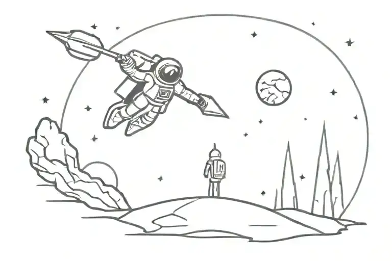 rocket ship landing on moon with astronaut golfing  tattoo design idea