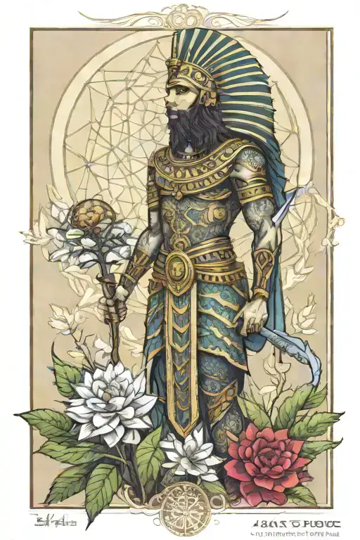 a male warrior in the garden growing the flower of life with Egyptian Goddess Ma'at shining in the sky  tattoo design idea