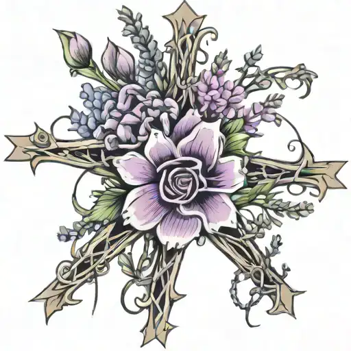 barbed wire cross line work with lavender and snapdragons interwoven  tattoo design idea