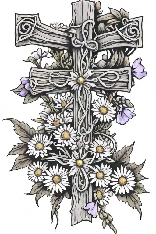 barbed wire cross with lavender,daisys, and snapdragons intertwined  tattoo design idea