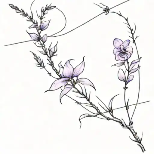 barbed wire cross line work with lavender and snapdragons line work tattoo design idea