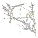 barbed wire cross line work with lavender and snapdragons line work tattoo design idea
