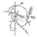 barbed wire cross line work with lavender and snapdragons line work tattoo design idea