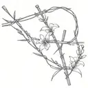 barbed wire cross line work with lavender and snapdragons line work tattoo design idea
