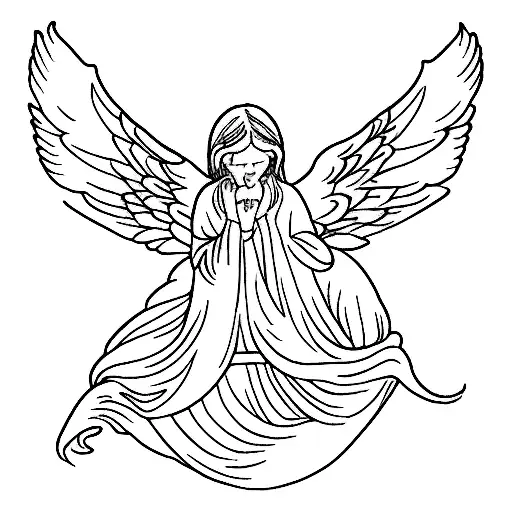 Angel looking down leaning on their hands ashamed with wings broken to signify an atheist turning against religion  tattoo design idea