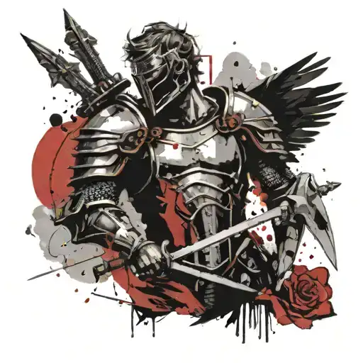 angel in armor holding a sword in front of him tattoo design idea