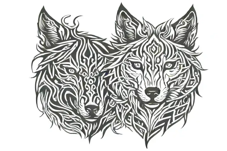 wolf pack with demon girl face tattoo design idea
